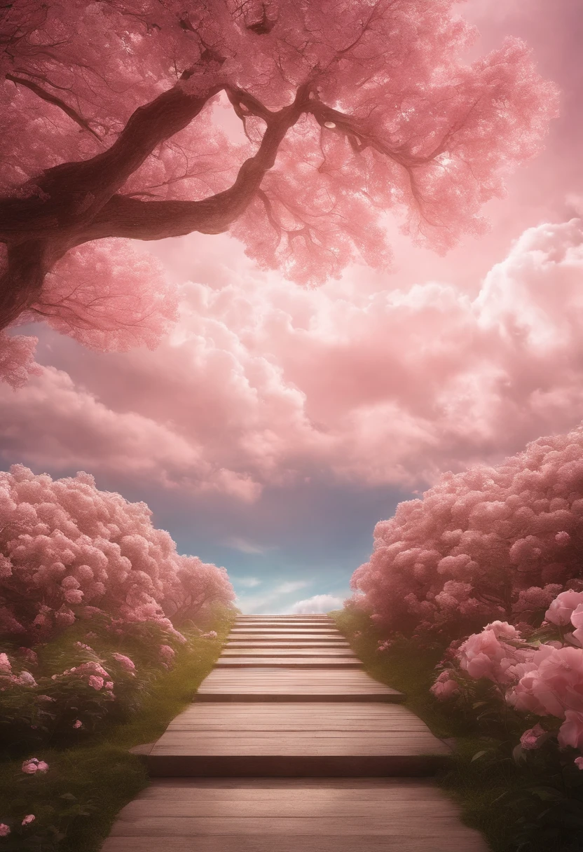in white clouds fairyland, Dreamy Romantic, dreamy atmosphere and drama, very magical and dreamy, dreamy scene, heaven pink, On the cloud, The sky is pink, Heaven, in white clouds fairyland, Fantastic dreamy atmosphere, dreamy and ethereal, still from a music video