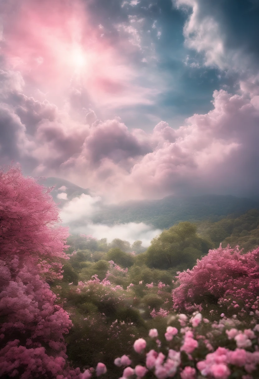 in white clouds fairyland, Dreamy Romantic, dreamy atmosphere and drama, very magical and dreamy, dreamy scene, heaven pink, On the cloud, The sky is pink, Heaven, in white clouds fairyland, Fantastic dreamy atmosphere, dreamy and ethereal, still from a music video