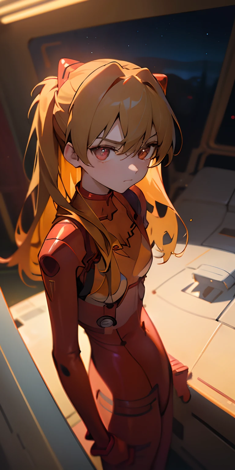 (Overhead view),dynamic angle,ultra-detailed, illustration, close-up, straight on, 1girl, 
 ((souryuu asuka langley, interface headset, red bodysuit:1.4, blonde)),Her eyes shone like dreamy stars,(glowing eyes:1.233),(beautiful and detailed eyes:1.1),(expressionless,closed mouth),(standing), 
(mechanic room with toolsand spaceship windowin a white SPACESHIP),
(night:1.2),dreamy, [[delicate fingers and hands:0.55]::0.85],(detail fingers),