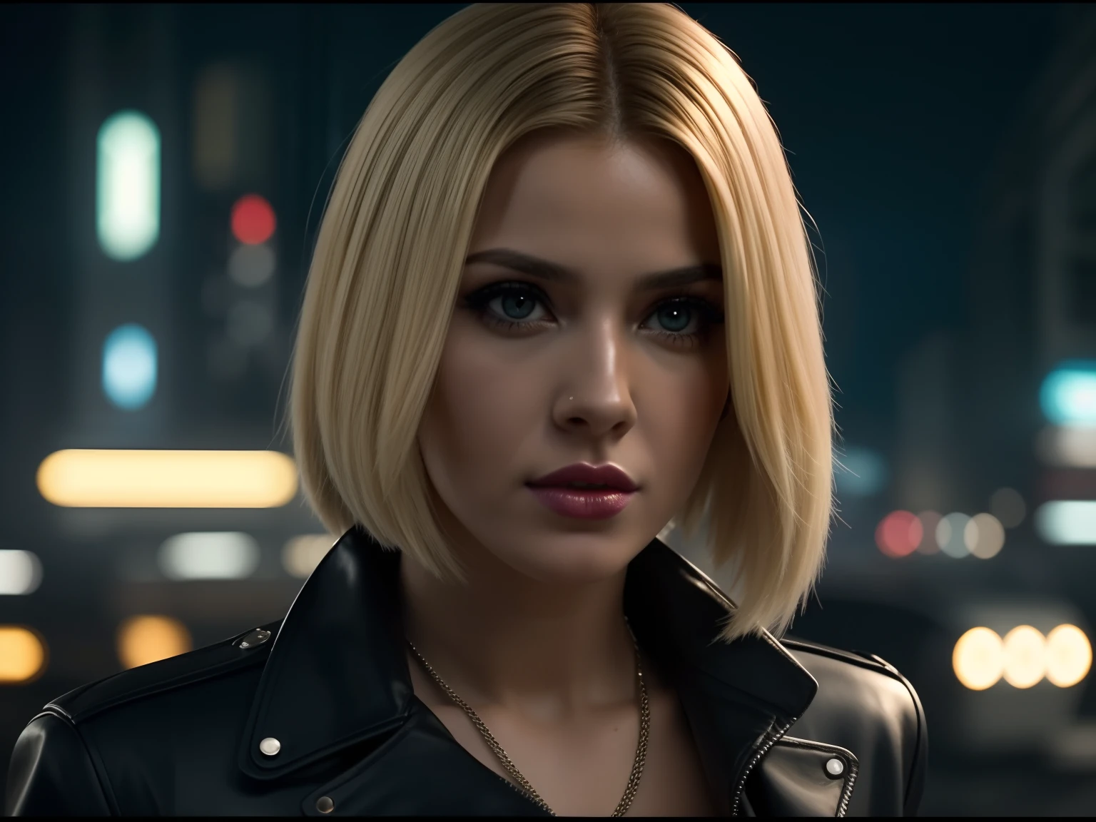 Close-up, uma bela moda elegante italiana, roupa esfarrapada, Cabelos longos, blonde hair, lipstick, roupa punk, roupa rosa, batom, action movie scene, Jantar Distópico Cinematic Blade Runner, noite, movimentado com sinais de neon, blade runner aesthetics, lotado de pessoas, cinematografia de filmes, gangue trash, pessoa atraente, High emphasis on detail, vestindo equipamentos de tecnologia do tempo, gangue trash, Vida noturna, cheio de vida, gangue trash, action movie shot by Kon Satoshi, estilo Semi Impasto, tinta escura, Atmospheric, brilhante, lighting dramatic, olhos bonitos, symmetric eyes, olhos perfeitos