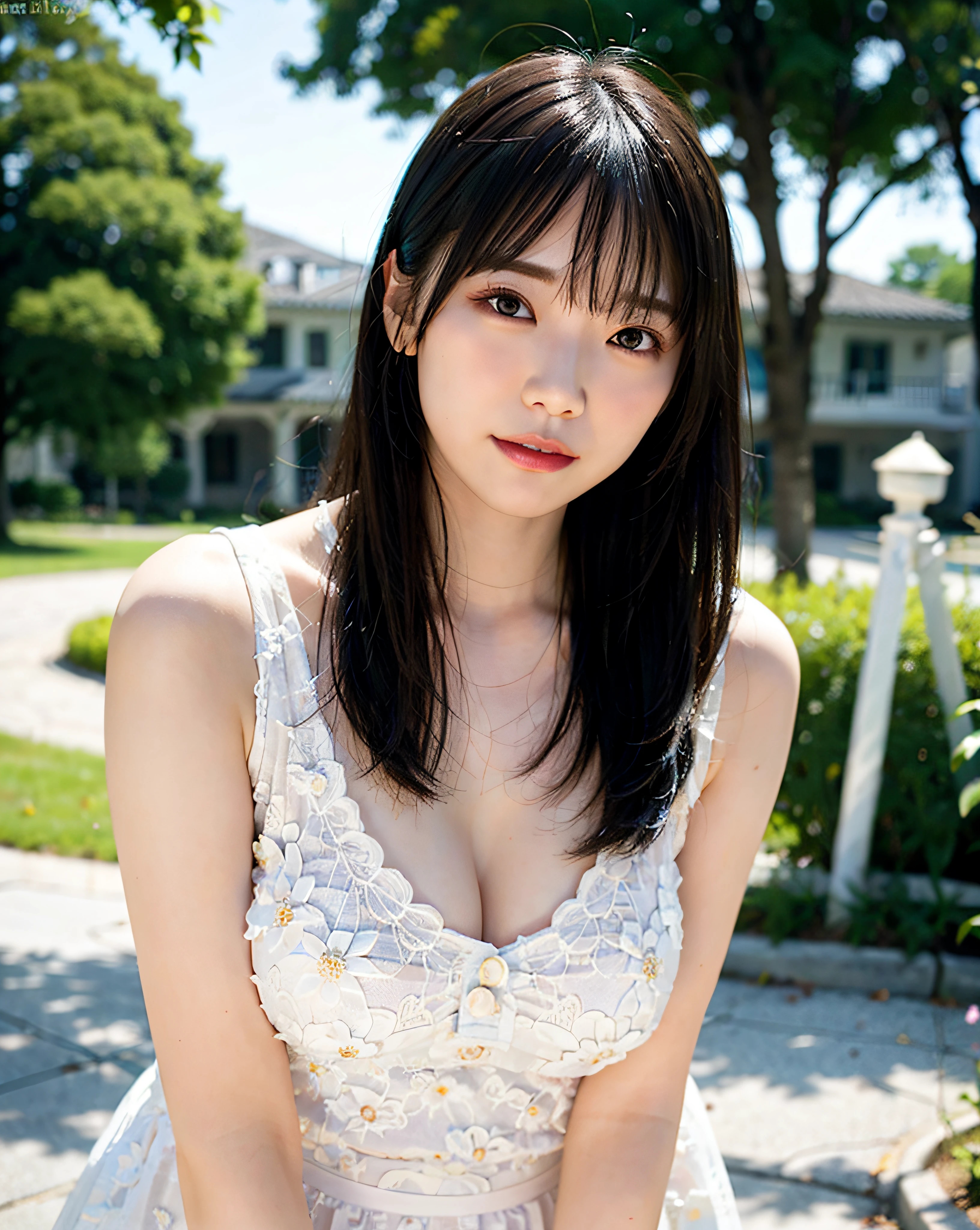 top-quality、 1 a person、large full breasts、tag、with light glowing、blur backgroun、bokeh dof、outside of house、(Street:0.8)、(a person々、Large crowds:1)、(lace-trimmed)doress:1.5、Sleeveless dress、White suit、White High Neck Dress:1.2、a gorgeous(short-hair、Forehead:1.2)、Beautiful sky with details、耳Nipple Ring、 (The upper part of the body:0.5)、Soft lighting、the wind、glowy skin、Straight face、