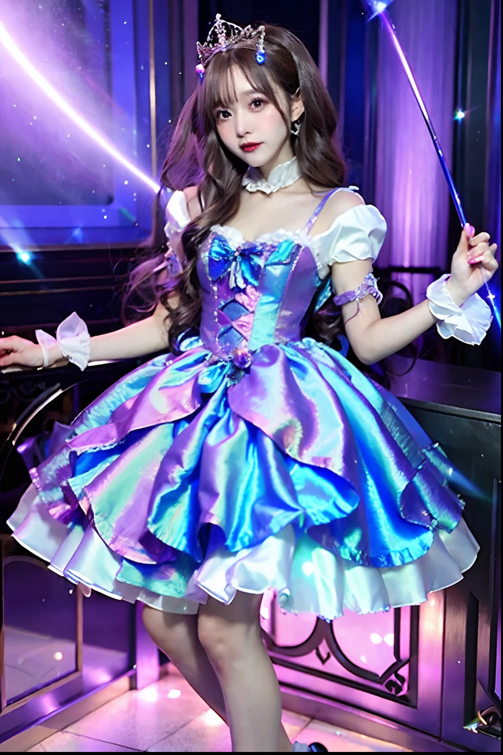 iridescent satin dresses、Alafe with a wand and crown, fantasy dress, magical dress, dreamy style, very magical and dreamy, ****ta Fashion, ethereal fairy tale, fairycore, fantasy outfit, wearing fantasy formal clothing, angelic pretty, dreamy and detailed, ****ta style, fantasy style clothing, rococo dress, Fantasy aesthetics!, romantic dress