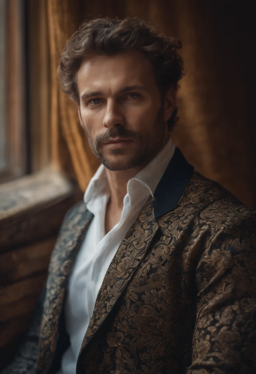 colorful pattern, Oil paintings by Flemish masters, surrealism, beau. 
Un homme Handom, 40 ans, shaven , curly short brown hair.costume moulant noir, white-cut shirt. 
airy, Light in contrast, highly detailed, Hyperrealistic, ultra HD, Couleurs vives, highly detailed, Dessin UHD, stylo et encre, Composition parfaite, beautiful detailed intricate insanely detailed octane render trending on artstation, Photographie artistique 8k, photorealistic concept art, soft natural volumetric cinematic perfect light