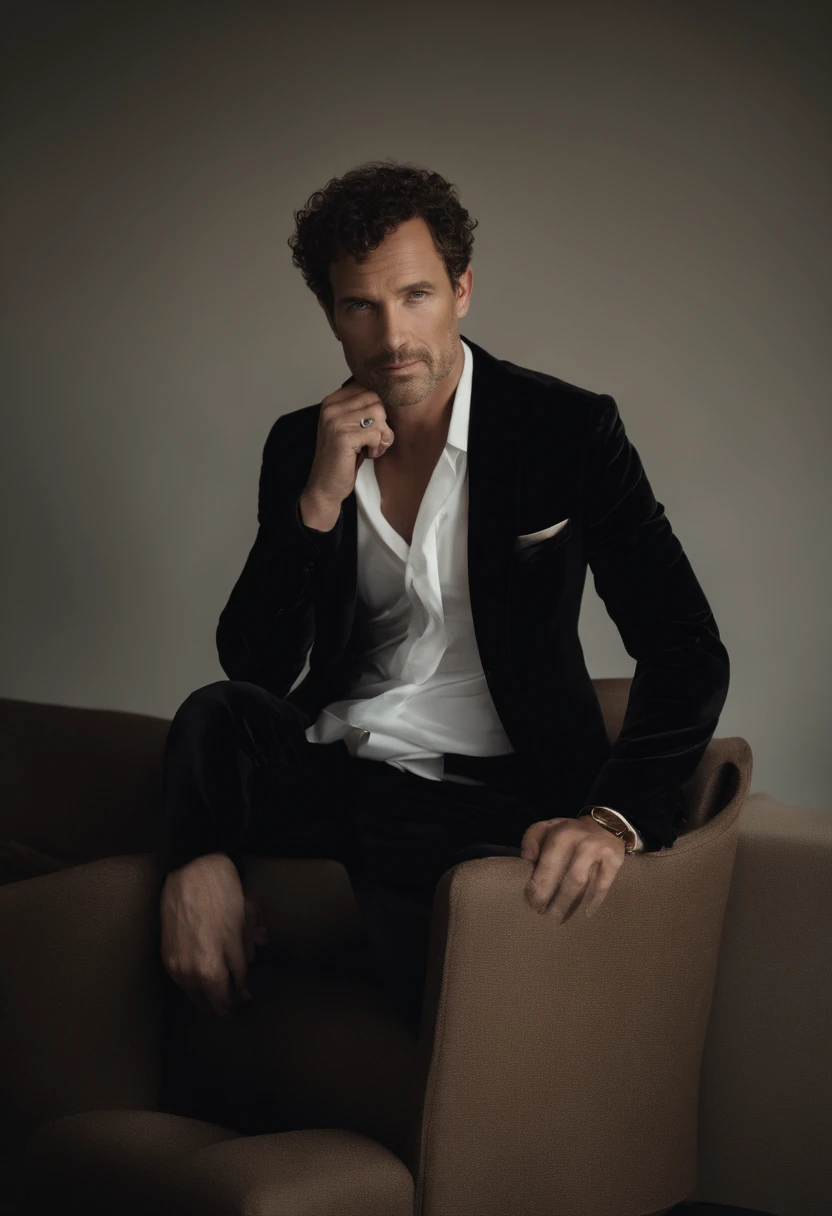 Cinematographic portrait , Un homme Handom, Grand et en forme, (40 ans:1.1), (shaven:1.2), (very short and fine brown hair a little curly:1.5),(very short fine hair:1.6). (Fitted black velvet suit and white shirt :1.3) . minimalist background, Composition propre, Strong details, muted colors, Hasselblad, style brut