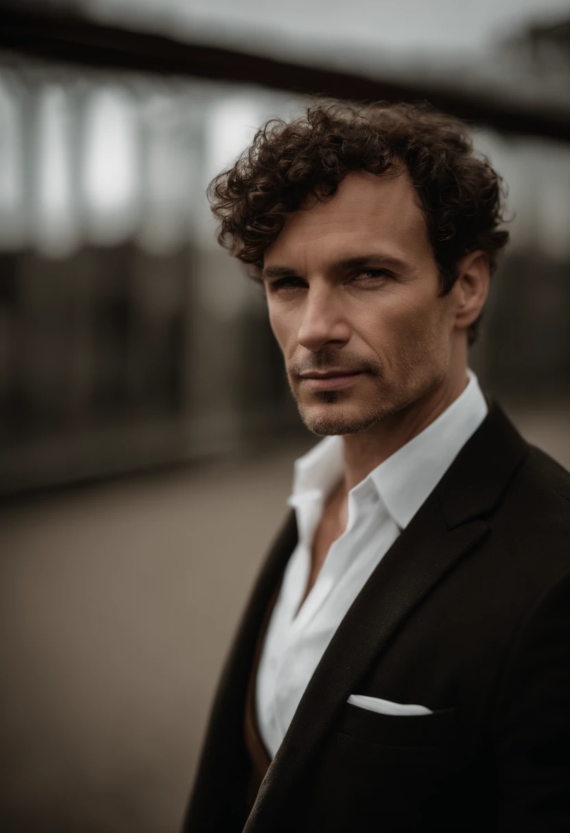 Cinematographic portrait , Un homme Handom, Grand et en forme, (40 ans:1.1), (shaven:1.2), (very short and fine brown hair a little curly:1.5),(very short fine hair:1.6). (Fitted black velvet suit and white shirt :1.3) . minimalist background, Composition propre, Strong details, muted colors, Hasselblad, style brut