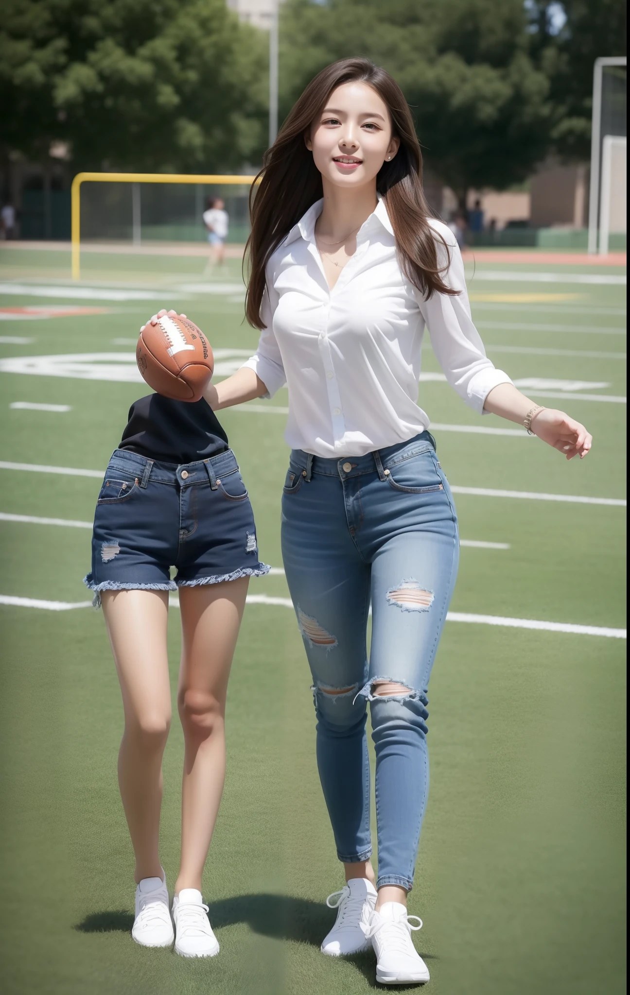 1 very beautiful female middle school student，Wear a button-down shirt and jeans:1.2，detailed outfits，Play ball on the football field，（On the grass:1.2），Super high value，perfect body figure，beautiful hairl，Delicate hair，Fair face and skin，Beads of sweat hang，Have fun on the playground，The breasts are full and huge:1.5，Chest hyperexcion，（The clothes on the chest are high and bulging, Tightness and bulging:1.5），（Delicate, Fair and soft calves and toes:1.5），White and delicate fingers，fully body photo