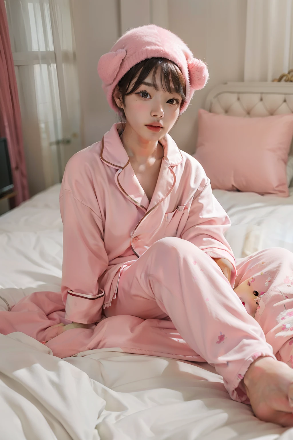 A girl，sit on a bed，Wear pink pajamas，shuqi