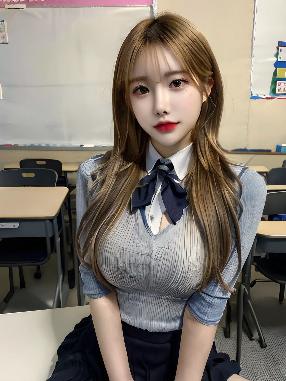 masutepiece, Best Quality, japanaese girl, 8K, Raw photo, top-notch quality, masutepiece, nffsw:1.2, exceptionally detailed RAW color photo, professional-grade photograph, (Realistic, Photorealistic:1.37), (highly detailedskin:1.2), Ultra-high resolution, (lenz 50mm), (masutepiece, top-quality:1.3), (Ultra detailed 8K cg:1.2), (hyper realisitic:1.35), (Photorealistic:1.45), (Realistic:1.4), Cowboy Shot,
1 beautiful Japanese girl, 22 years old, super model, Japanese Idol, __expression__, Large breasts, (sitting on the desk:1.1), (School uniform:1.4), (Spread legs:1.2),
(School classroom background:1.1)、Korean Idol、Nogizaka Idol、hposing Gravure Idol、Adults、女優, blonde hair, casual hair style, ponytail, big breasts,(naked), highlight hair, sweet mole on the left cheek,
