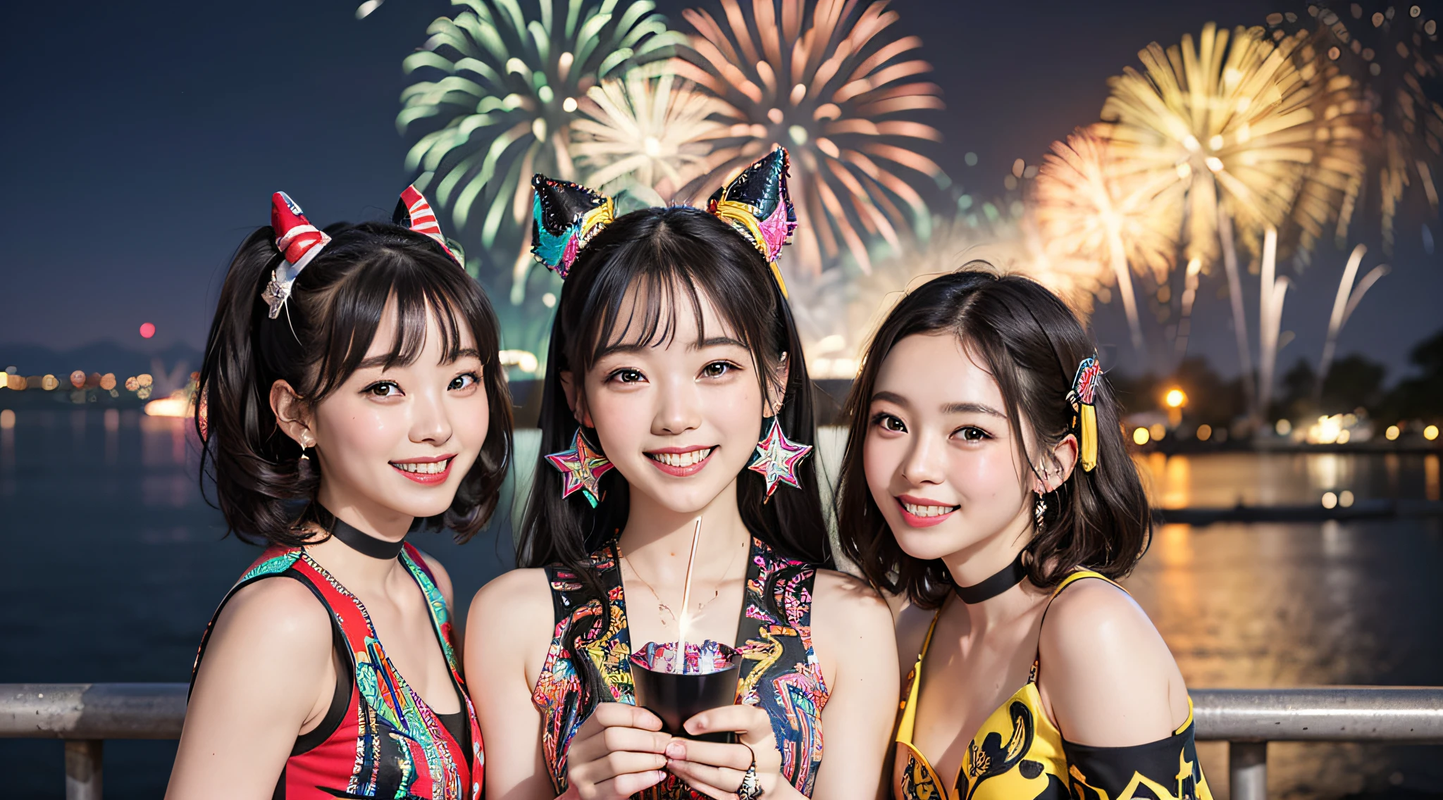 ((Brilliant Fireworks)),Fireworks are the main composition, Fireworks display beyond imagination, innocent smiles, (3 pinup girl), Never seen, Seven colors, (Best Impact:1.5), (maximalism:1.7), Vivid contrast,