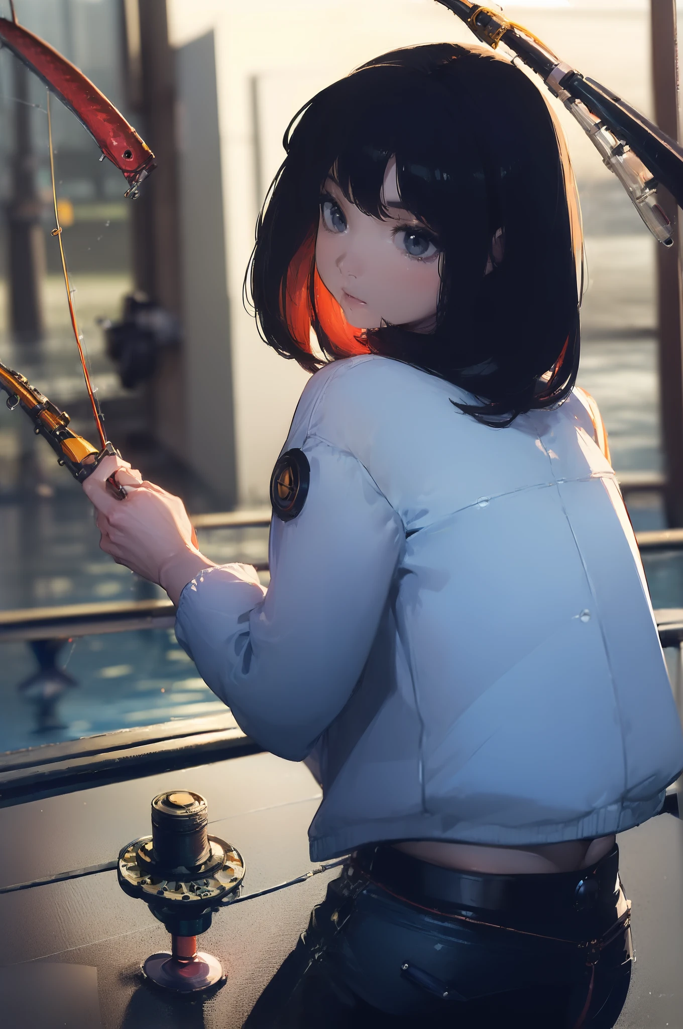 ((((Have fishing rod with a reel:1.5)))),((Female 28 years old)),((Best Quality:1.5)),(((Hands with the correct number and structure of fingers:1.4))),((lakeside:1.37)),hight resolution,ultra-detailliert,​masterpiece,best qualtiy,(Eight-headed body),Black hair, long eyeslashes, Solid Circle Eyes, drop shadow, Atmospheric perspective,Super Detail, ccurate, small brest,(Black jacket and black jeans :1.1),top-quality, blurry backround, bokeh dof:1.2, (​masterpiece:1.3),  Atmospheric perspective,Super Detail,dynamic compositions,