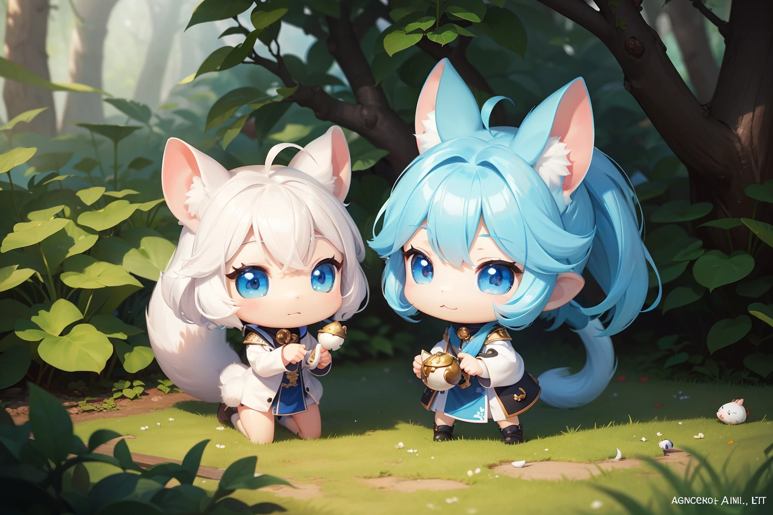 There is a small white squirrel with an acorn in his hand, Chibichara A cute girl with blue hair is also with me。It is a cute white and blue costume。Dark eyes。cute forest creature, Adorable Digital Painting, cute detailed digital art, the squirrel king, Cute digital art, cute cartoon characters, cute character, CuteCreatures, Cutie, official illustrations, Official art, squirrel, maplestory mouse, astri lohne, cute 3d render