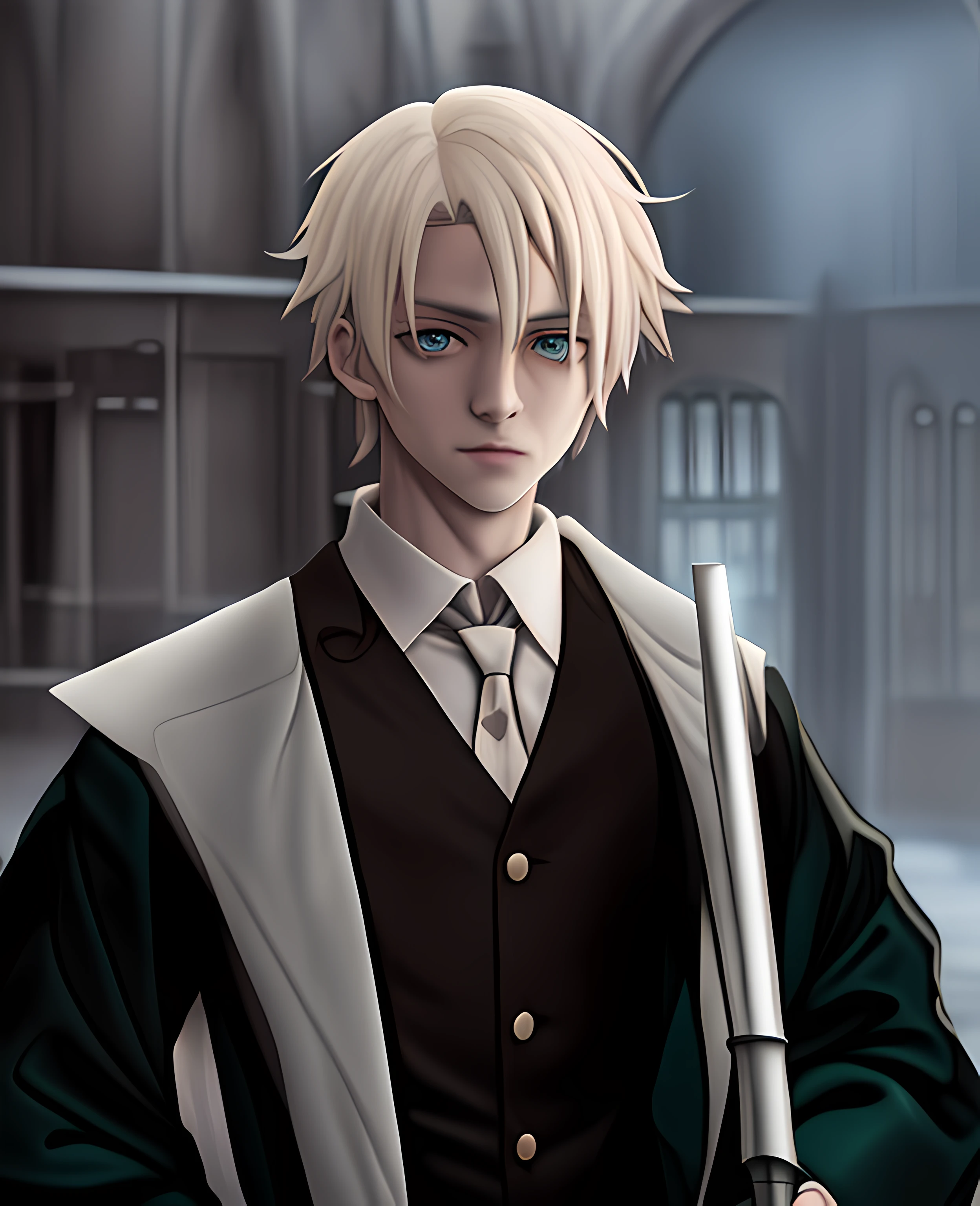 anime image of a man in a suit holding a sword, similar to malfoy, nagito komaeda, hajime yatate, handsome guy in demon slayer art, male anime character, nagito komaeda from danganronpa, tsukasa dokite, academy headmaster, johan liebert mixed with alucard, tall anime guy with blue eyes