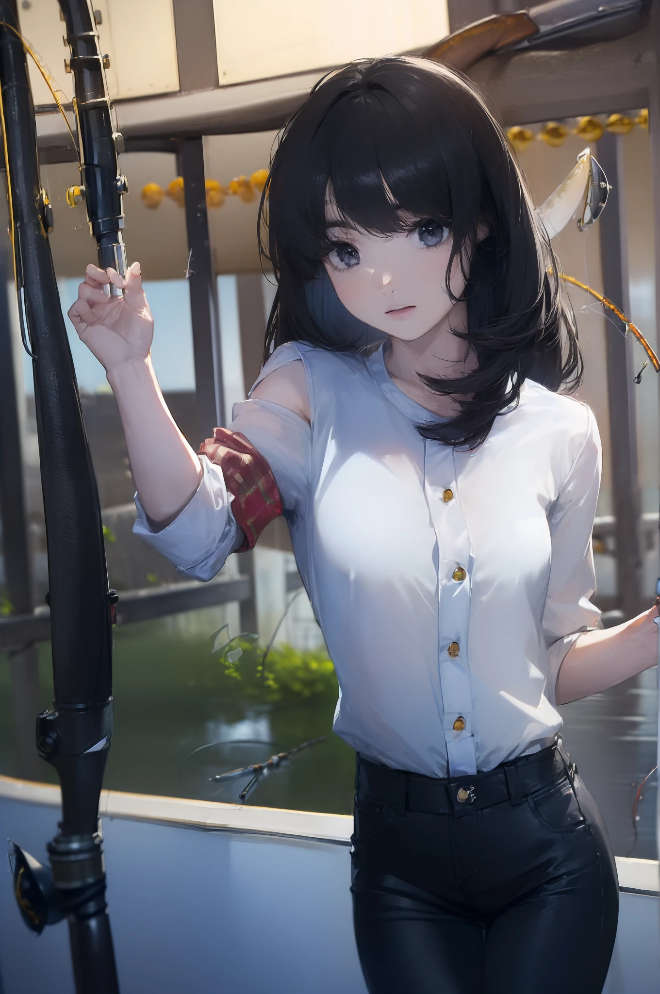 ((((Have fishing rod with a reel:1.5)))),((Female 28 years old)),((Best Quality:1.5)),(((Hands with the correct number and structure of fingers:1.4))),((lakeside:1.37)),hight resolution,ultra-detailliert,masterpiece,best qualtiy,(Eight-headed body),Black hair, long eyeslashes, Solid Circle Eyes, drop shadow, Atmospheric perspective,Super Detail, ccurate, small brest,(Black jacket and black jeans :1.1),top-quality, blurry backround, bokeh dof:1.2, (masterpiece:1.3), Atmospheric perspective,Super Detail,dynamic compositions,