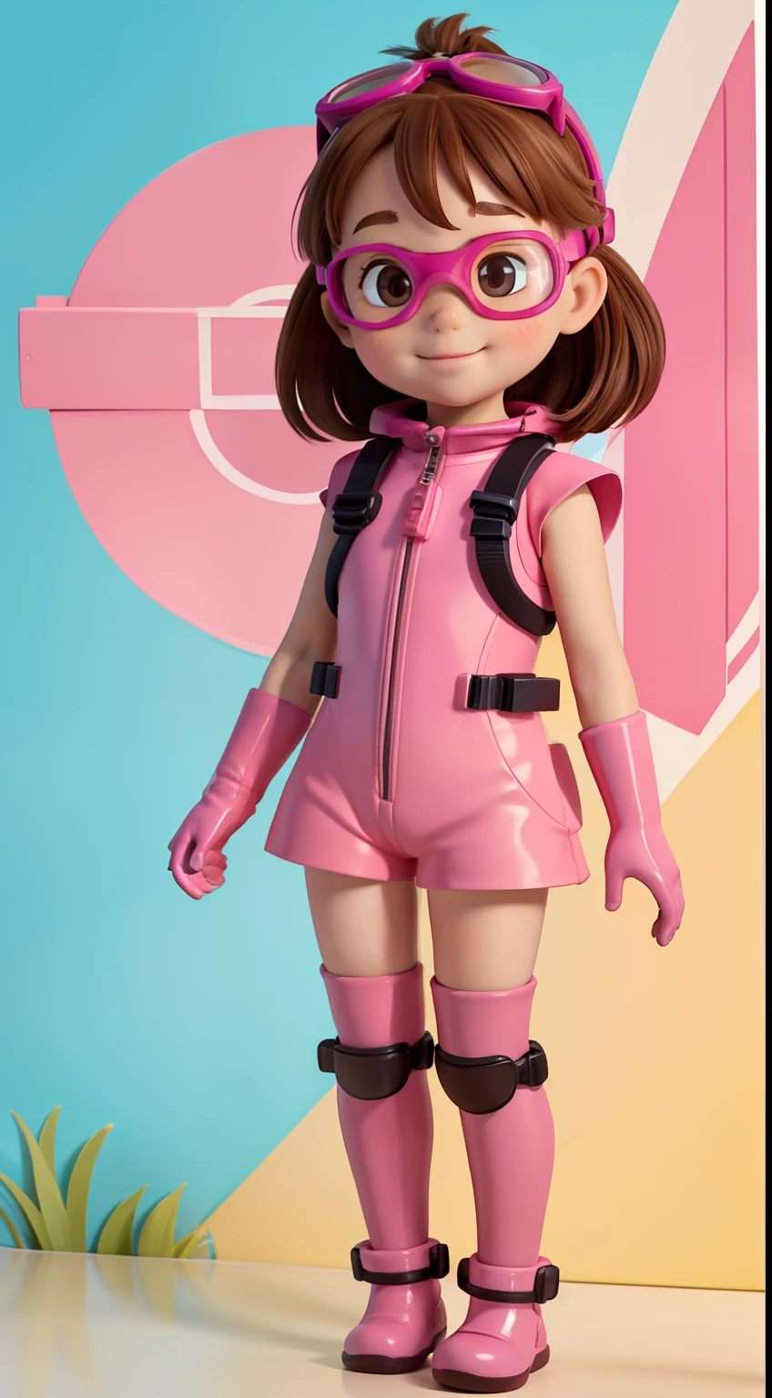 "Frontal image of a 5--old l, standing, happy, with brown hair, brown eyes, rosy cheeks, arms spread out, legs apart, clean background, diving goggles, pink diving suit, diving gloves, diving shoes, in a children's book illustration style, 2D."