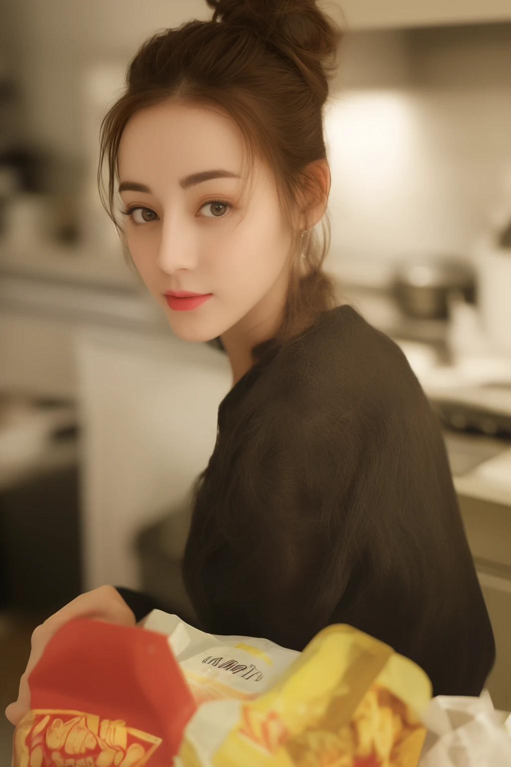 close up photo of 1girl, pretty, cutie, petite, slim, perfect body, perfect eyes, ((brunette)) messy bun hair, sitting on the kitchen floor, looking at the camera, cooking, food on the walls food mess, food everywhere, messy, gross, food fight, perfect face and eyes, film grain, cinematic, lens bokeh, epic composition, natural lighting, photography, hyper realistic, double exposure, blurry, motion blur, disorders, high quality, best quality, masterpiece, intricate,