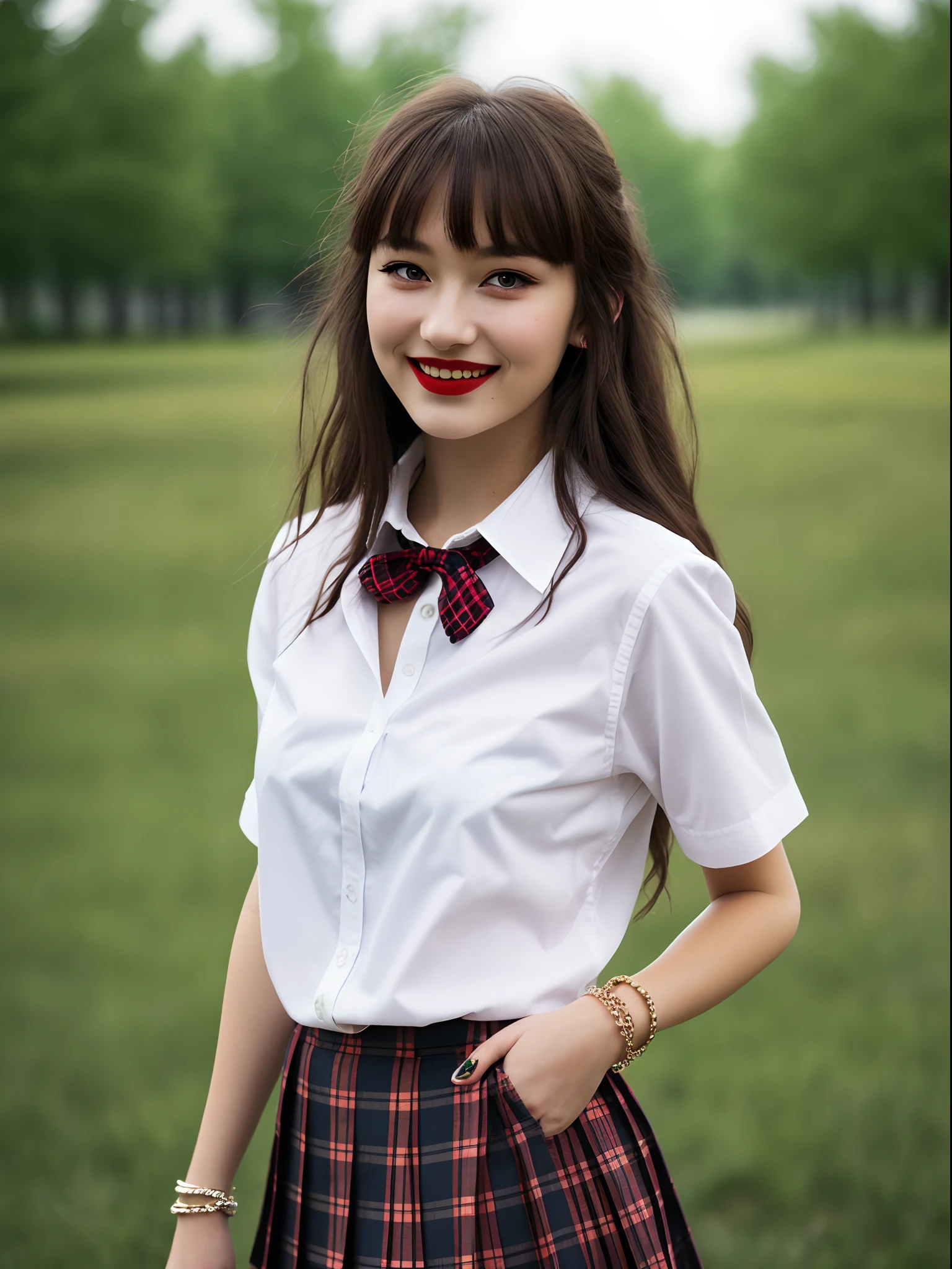 nsfw, 8K raw photo, Best quality, masterpiece, ultra high res, film grain, filmg, 1girl, looking at viewer, natural skin texture, realistic eye and face details, full lips, lipstick, (makeup), red eyeshadow, fluffy long hair, messy hair, smile, close mouth, beautiful legs, tall female, skinny, slim_legs, solo, enormous breast, cleavage, Pose with buttocks facing you, ultra short skirt, ass, shirt, beautiful nature location, around flower location, (detailed background), plaid skirt, white shirt, enormous breast, cleavage, Show a little cleavage through the shirt, loafers, blurry background, blurry, holding, plaid, short sleeves, jk ribbon on the neck, jk ribbon, brown hair, bracelet, water, bangs, school uniform, jewelry, parted lips, lips, from side, pleated skirt, depth of field