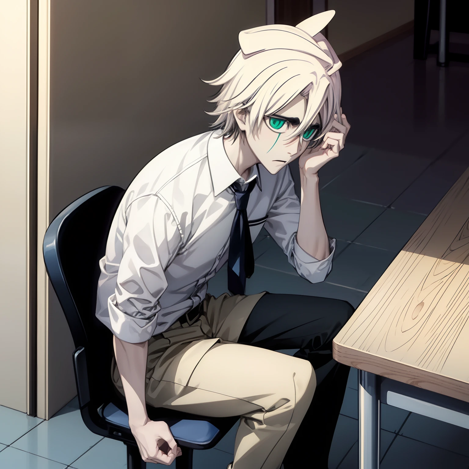 Context, one boy, wearing a school uniform for boys, Kaguran, sitting alone, in class