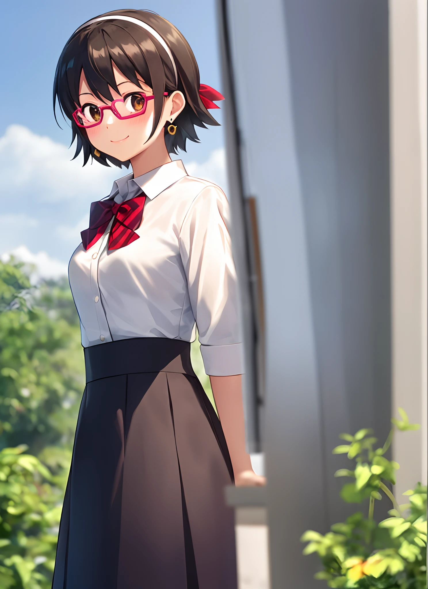 shinkai makoto, kimi no na wa., 1girl, bangs, black hair, blue sky, blush, bow, bowtie, brown eyes, cloud, (((glasses))), hair ribbon, hairband, looking at viewer, negative space, outdoors, red bow, red bowtie, ((half body)), (((1girl))), (((1 person))), 20 years old, short hair, smile, dress, (skirt with pattern), color contrast between the dress and the skirt, skirt pattern, earrings, necklace, Javanese ornament, nature, (blurred background), short hair