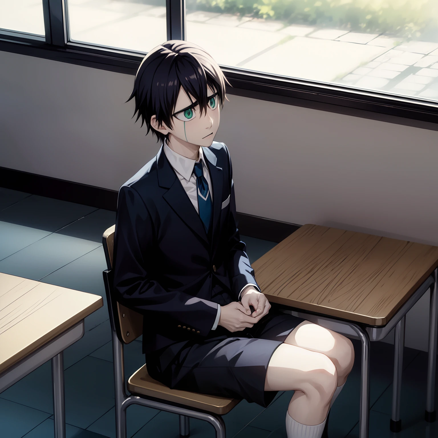 Context, one boy, wearing a school uniform for boys, Kaguran, sitting alone, in class