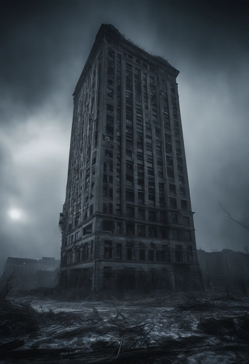 Frozen high-rise buildings，dynamic angle，Heavy fog，Frozen human body，dynamicposes, and the feeling that disaster is imminent. Long lens camera angle with EE 70mm lens on the Nikon D850, Aim for high resolution, Photorealistic rendering. Ensure that the scene is highly detailed, With HDR lighting, And convey a sense of urgency and confusion.oppression