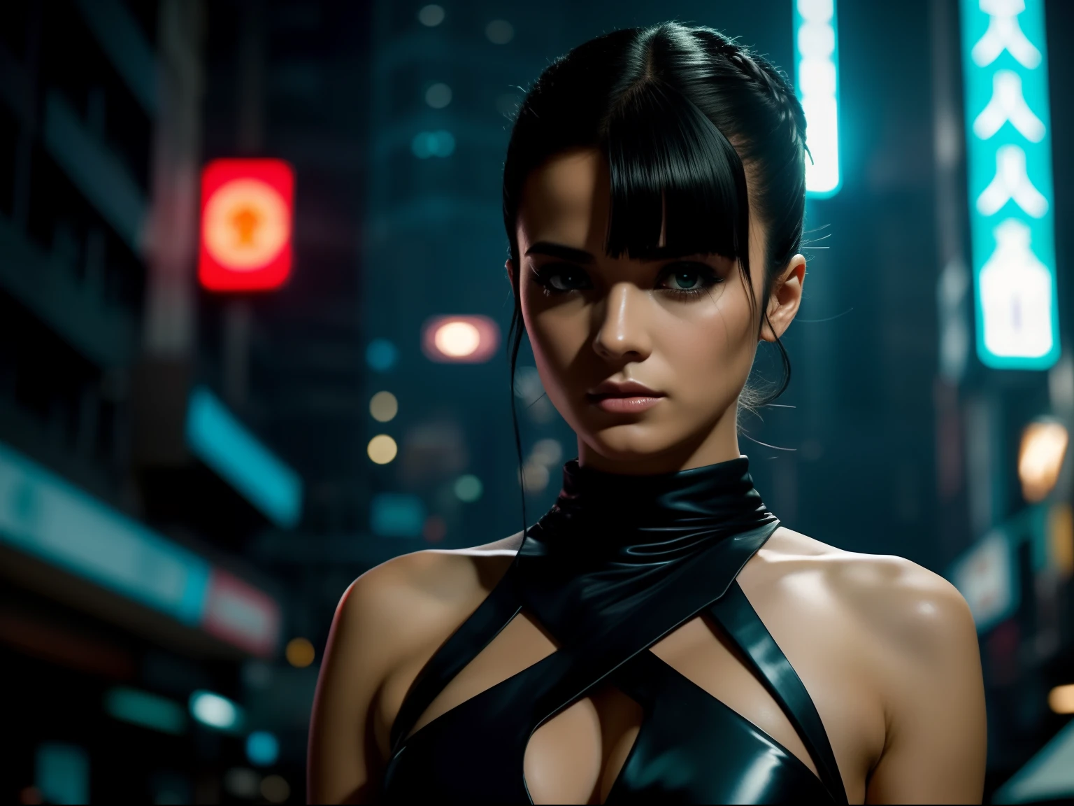Close-up, Uma linda garota japonesa da moda elegante, cabelo curto, seios enormes, cleavage, roupa esfarrapada, batom, roupa punk, roupa rosa, batom, action movie scene, Jantar Distópico Cinematic Blade Runner, noite, movimentado com sinais de neon, blade runner aesthetics, lotado de pessoas, cinematografia de filmes, gangue trash, pessoa atraente, High emphasis on detail, vestindo equipamentos de tecnologia do tempo, gangue trash, Vida noturna, cheio de vida, gangue trash, action movie shot by Kon Satoshi, estilo Semi Impasto, tinta escura, Atmospheric, brilhante, lighting dramatic, olhos bonitos, symmetric eyes, olhos perfeitos