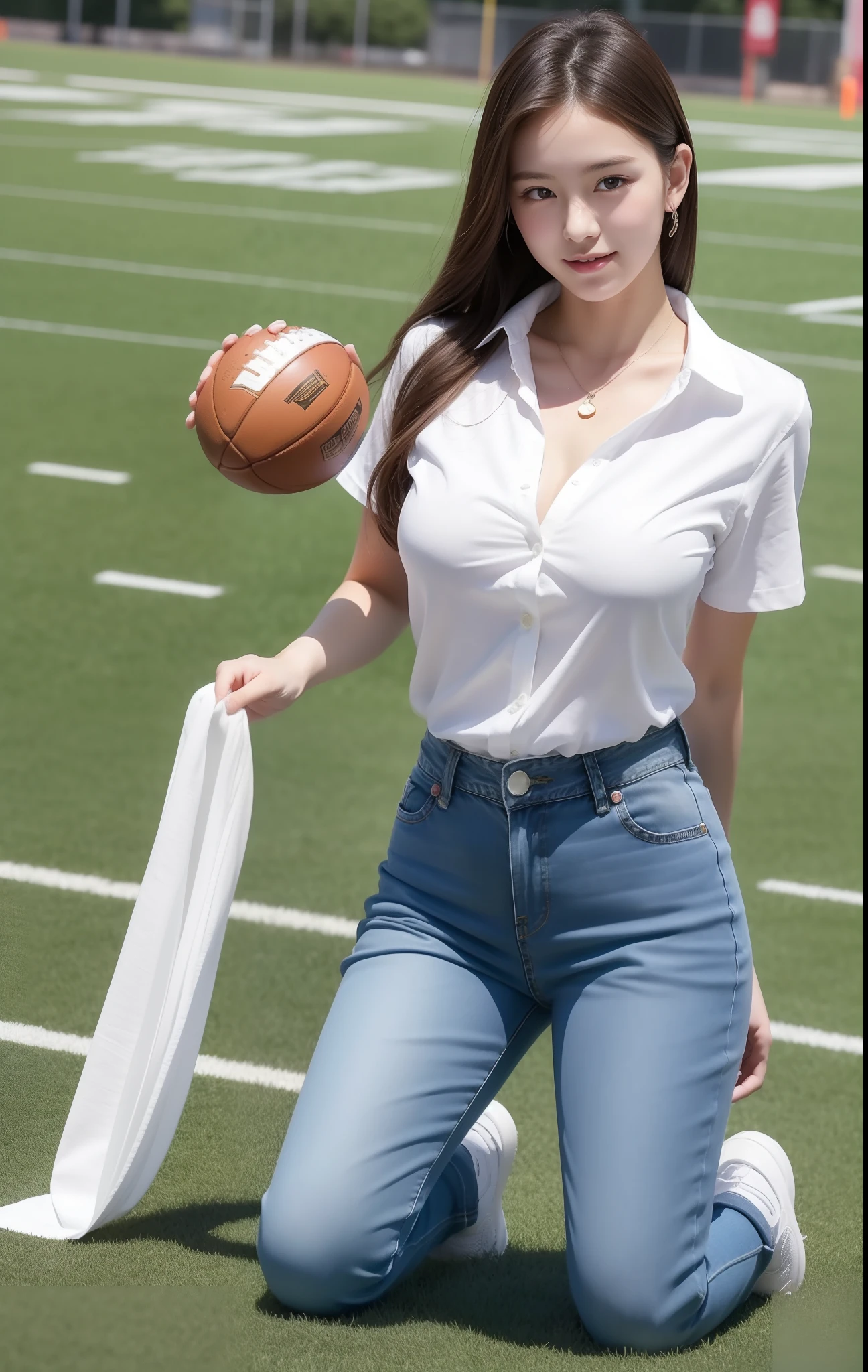 1 very beautiful female middle school student,Wear a button-down shirt and jeans:1.2,detailed outfits,Play ball on the football field,(On the grass:1.2),Super high value,perfect body figure,beautiful hairl,Delicate hair,Fair face and skin,Beads of sweat hang,Have fun on the playground,The breasts are full and huge:1.5,Chest hyperexcion,(The clothes on the chest are high and bulging, Tightness and bulging:1.5),(Delicate, Fair and soft calves and toes:1.5),White and delicate fingers,fully body photo