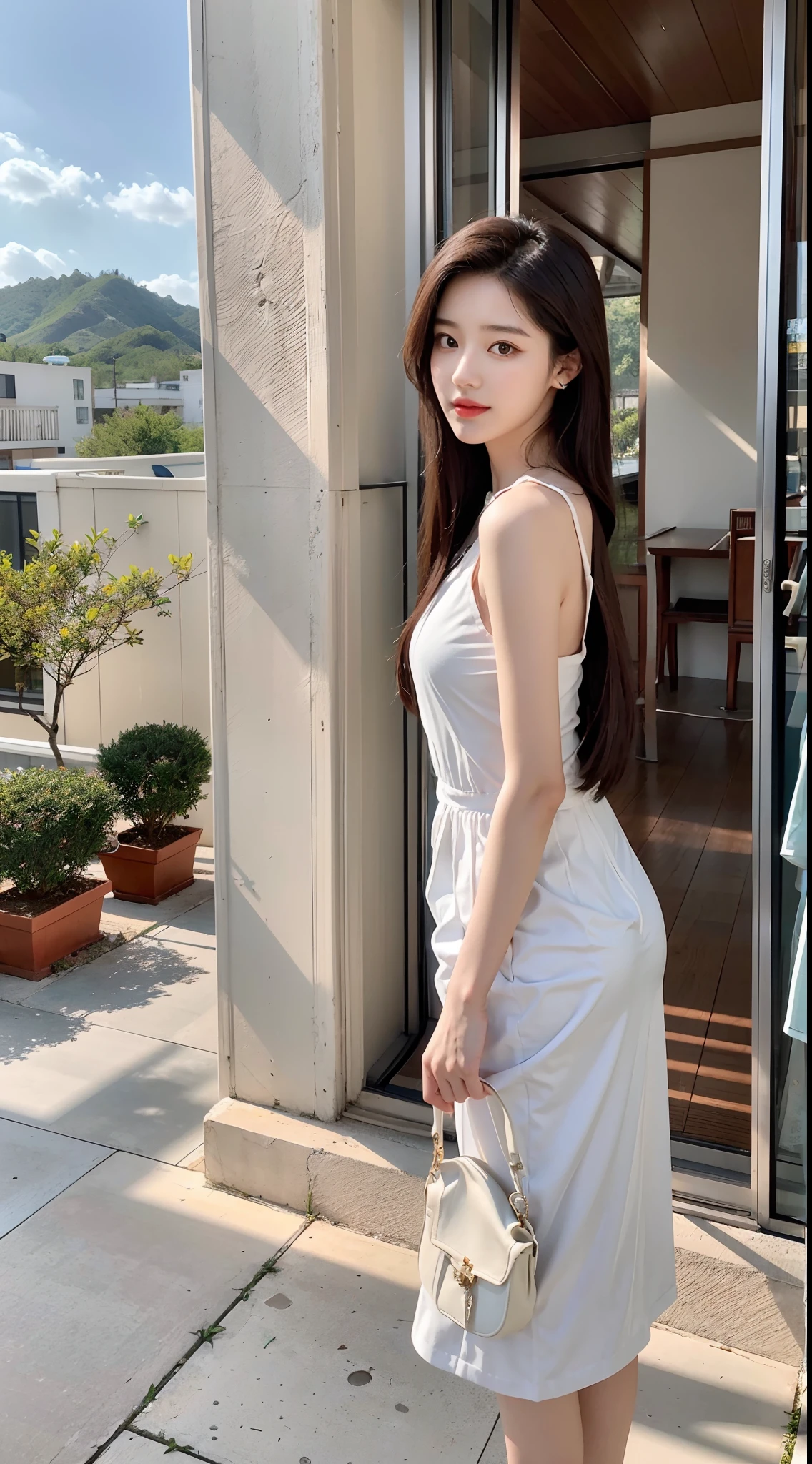 The Alafi woman standing on the balcony holds a white purse，Wearing a white and blue dress, bae suzy, Gorgeous young Korean woman, dressed with long fluent clothes, korean women's fashion model, Beautiful young Korean woman, beautiful Korean women, Gorgeous lady, sakimichan, ulzzangs, Open V chest clothes, Shin Jinying, tzuyu from twice