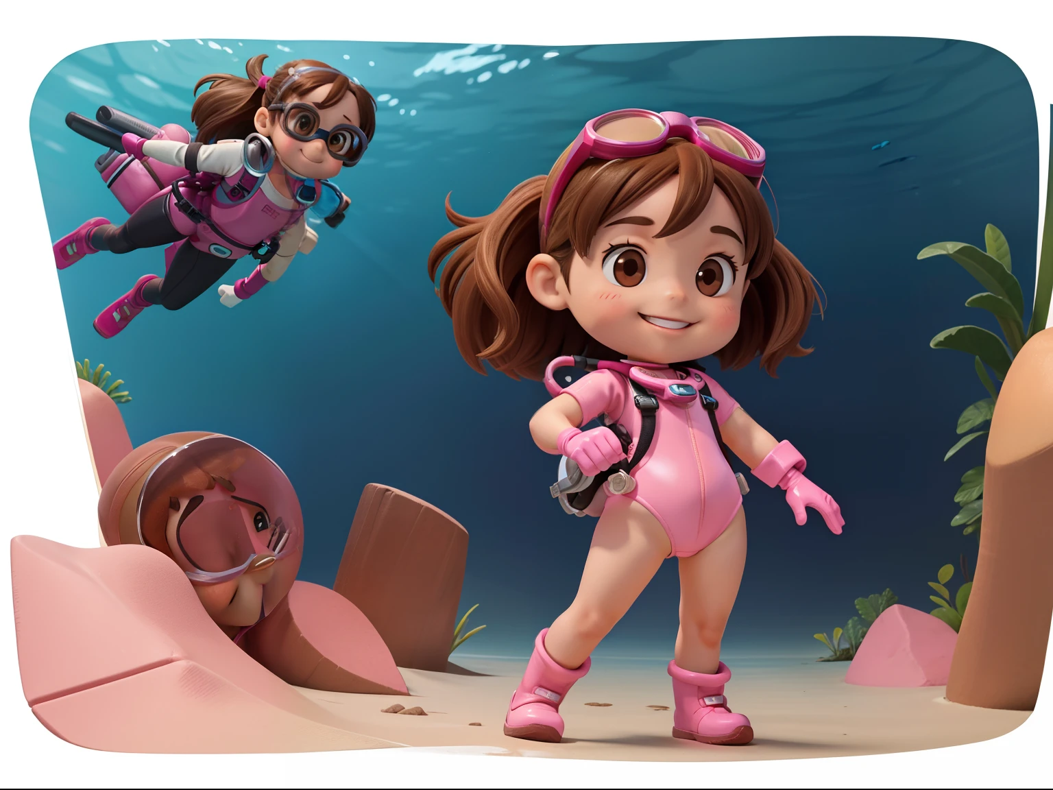 chica de dibujos animados en traje de neopreno sosteniendo una tabla de surf en la playa, Bjork animado de Dreamworks, 3 d animated movie, lindo render 3d, Lindo personaje de Pixar, animated movie still, animated movie, Cute Pixar Character Design, Personaje 3D, 3 d character, animated movie, adorable pintura digital, in style of disney animation, Renderizado Pixar del modelo 3D