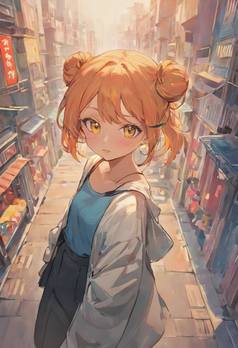 XINYANDEF, XINYANRND, tanned skin, yellow eyes, sharp eyes, xinyan, double bun, add_detail:1, oversized shirt, shirt, off shoulder, (big shirt:1.3), (white shirt:1.3), (bare shoulders:1.2), (sunglasses), (black jacket:1.2), city, (sea:1.1), (magazine cover:1.3)