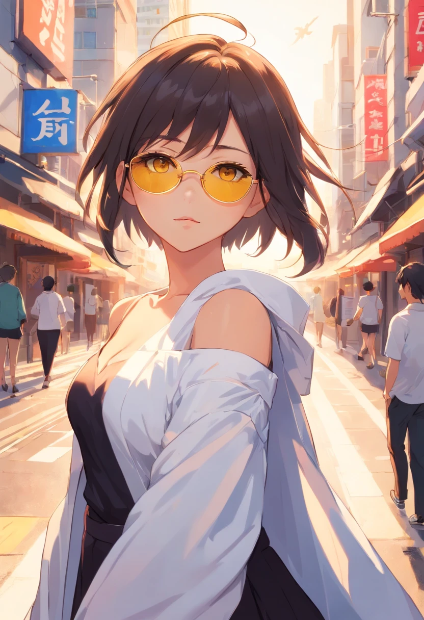 XINYANDEF, XINYANRND, tanned skin, yellow eyes, sharp eyes, xinyan, double bun, add_detail:1, oversized shirt, shirt, off shoulder, (big shirt:1.3), (white shirt:1.3), (bare shoulders:1.2), (sunglasses), (black jacket:1.2), city, (sea:1.1), (magazine cover:1.3)