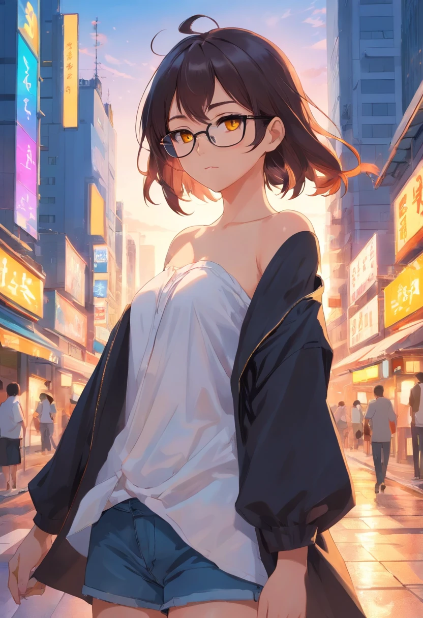 XINYANDEF, XINYANRND, tanned skin, yellow eyes, sharp eyes, xinyan, double bun, add_detail:1, oversized shirt, shirt, off shoulder, (big shirt:1.3), (white shirt:1.3), (bare shoulders:1.2), (sunglasses), (black jacket:1.2), city, (sea:1.1), (magazine cover:1.3)
