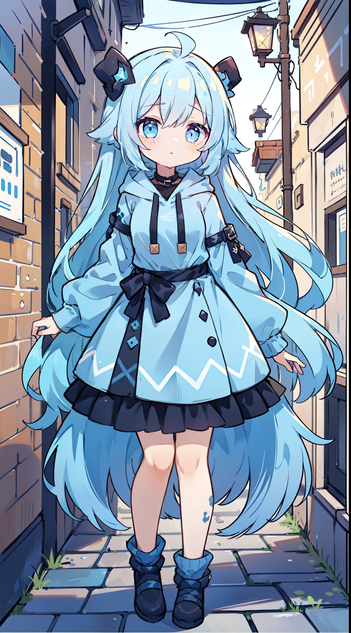 1 girl in、((full bodyesbian、Standing picture:1.2))、top-quality、masutepiece、lightblue hair、The long-haired、fluffy hair、Light blue hoodie、((Painted from head to knee))、Looking at the camera、Moe Sleeve、Woman in the Mine、((Disease system))、Lethargic girl、cute little、Wearing a hood、(((dark alley)))