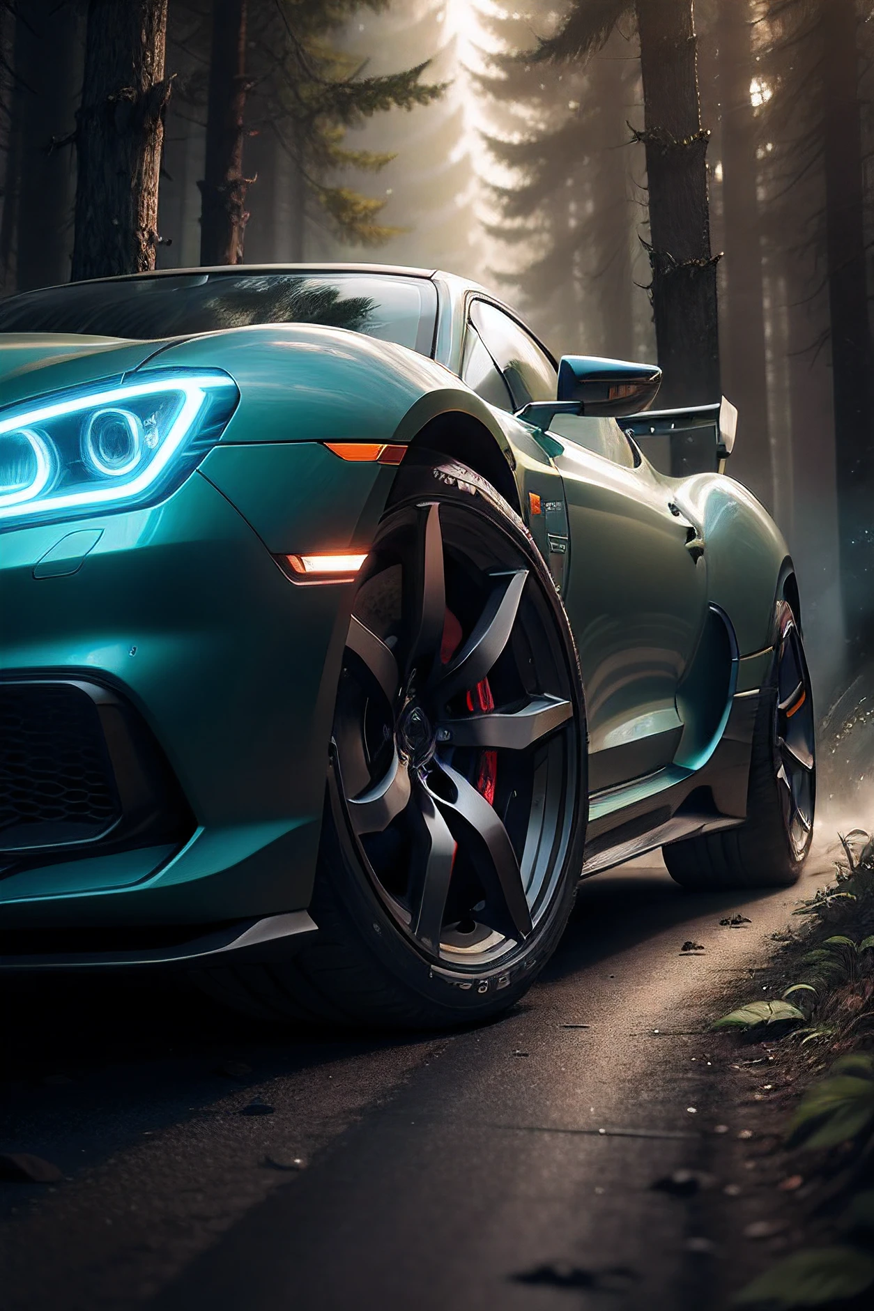 a cyberpunk sports car in a dark forest road , (glowing Tyres ), dark color , hd, 8k, realistic , amoled, 1920 x 1080