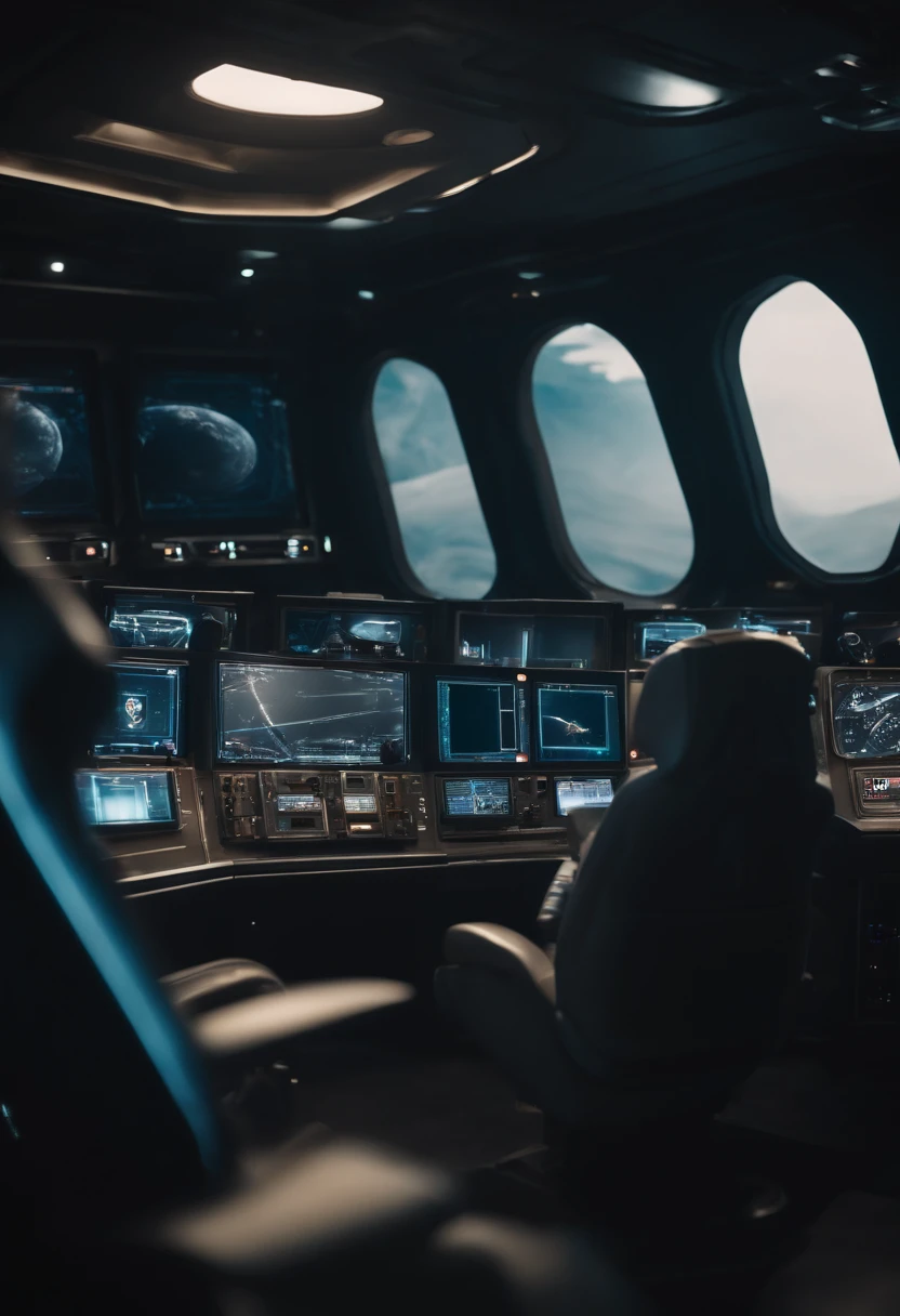 The appearance of the spacecraft. From the window you can see the scenery of the alien planet, The entire space is full of working consoles with electronics and screens, Full-HD