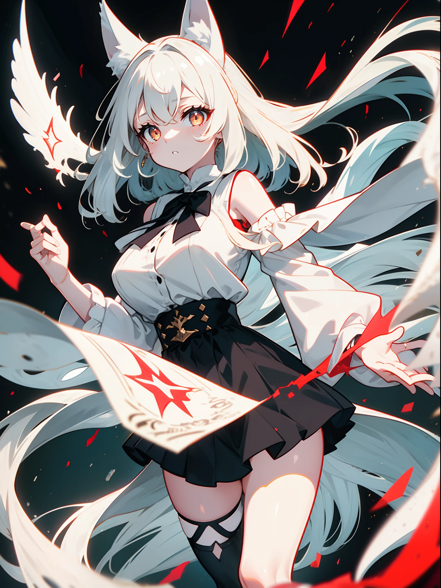 girl, young, big breasts, white long hair, red glowing eyes, white fox ears, white pointy halo, oversized shirt, white shirt, off shoulder, long black tie, big black collar, black platted mini skirt, black stockings, thigh collar, in a medieval village, sunny day