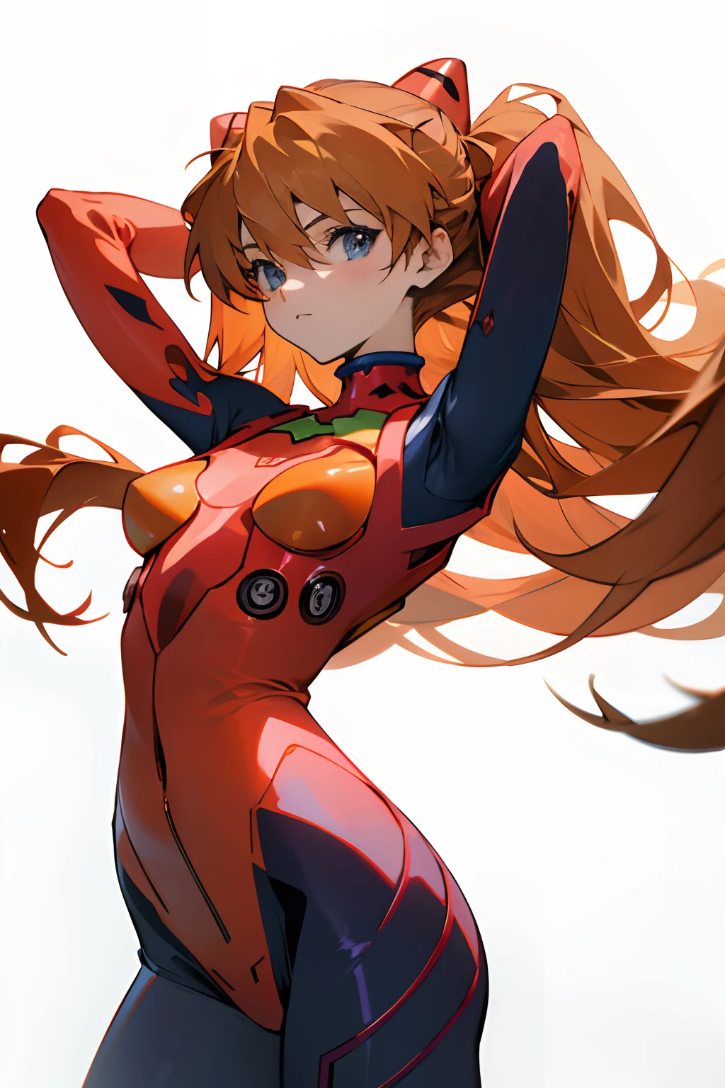 souryuu asuka langley, (masterpiece, best quality, detailed), 1girl, solo, arms behind head, cowboy shot, interface headset, red bodysuit, simple background.