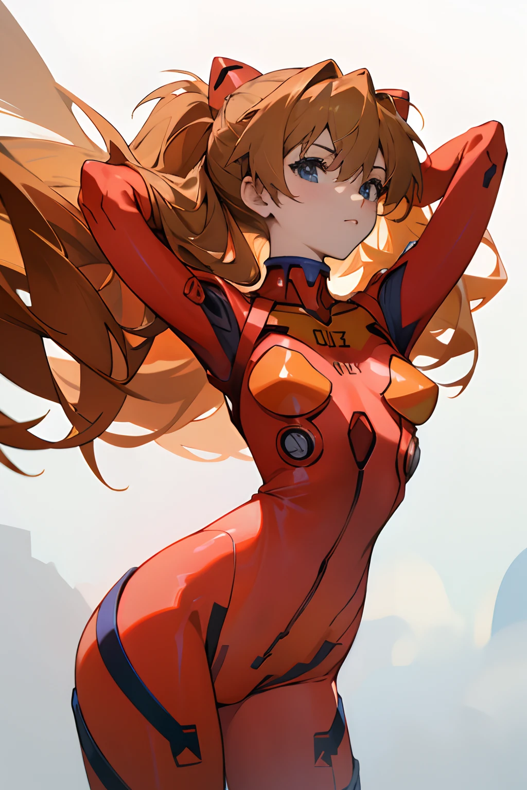 souryuu asuka langley, (masterpiece, best quality, detailed), 1girl, solo, arms behind head, cowboy shot, interface headset, red bodysuit, simple background.