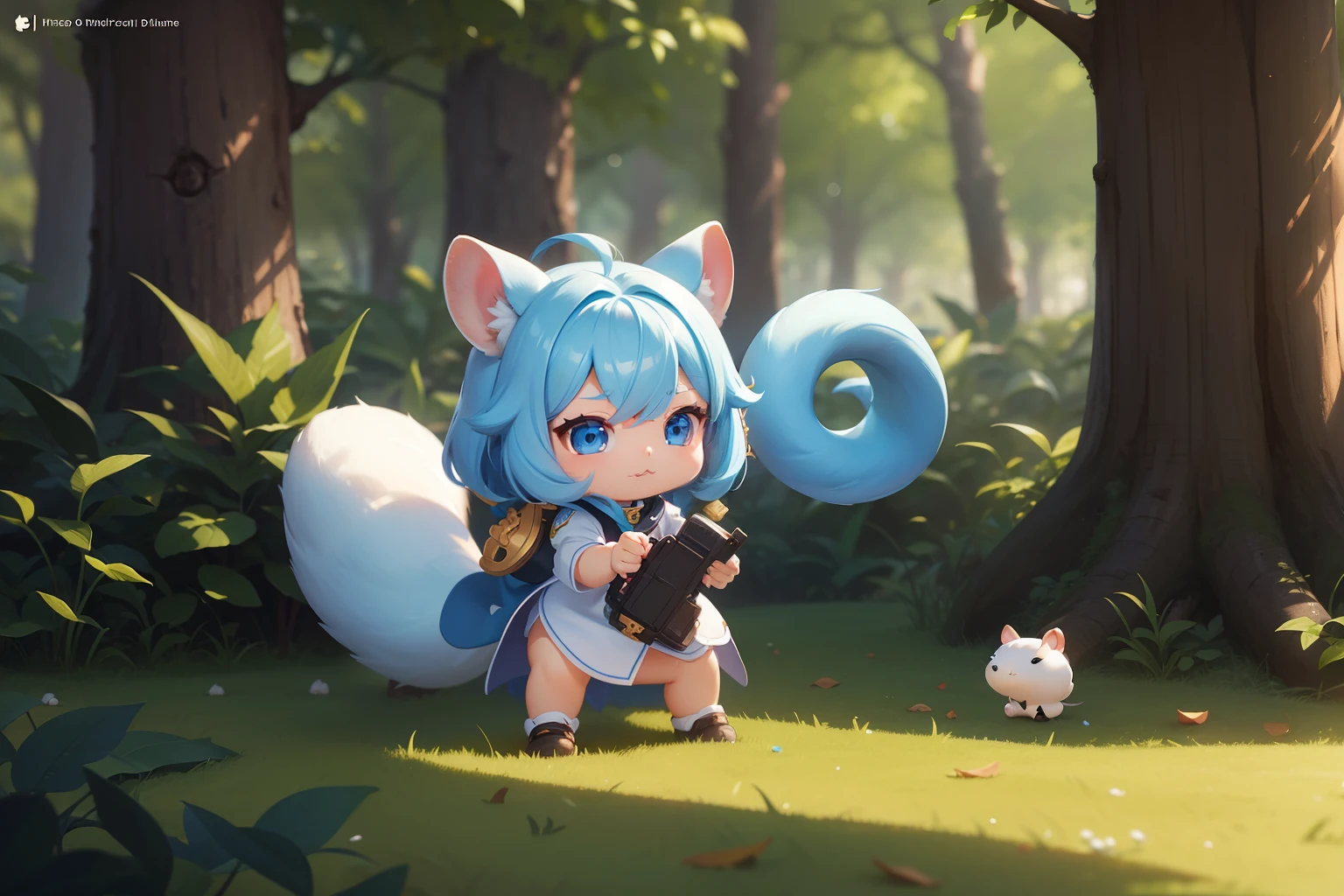 There is a small white squirrel with an acorn in his hand,  Chibichara　A cute girl with blue hair is also with me。It is a cute white and blue costume。Dark eyes。cute forest creature, Adorable Digital Painting, cute detailed digital art, the squirrel king, Cute digital art, cute cartoon characters, cute character, CuteCreatures, Cutie, official illustrations, Official art, squirrel, maplestory mouse, astri lohne,  cute 3d render