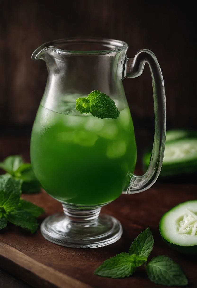A jug of frozen cucumber juice,There are mint leaves next to it.