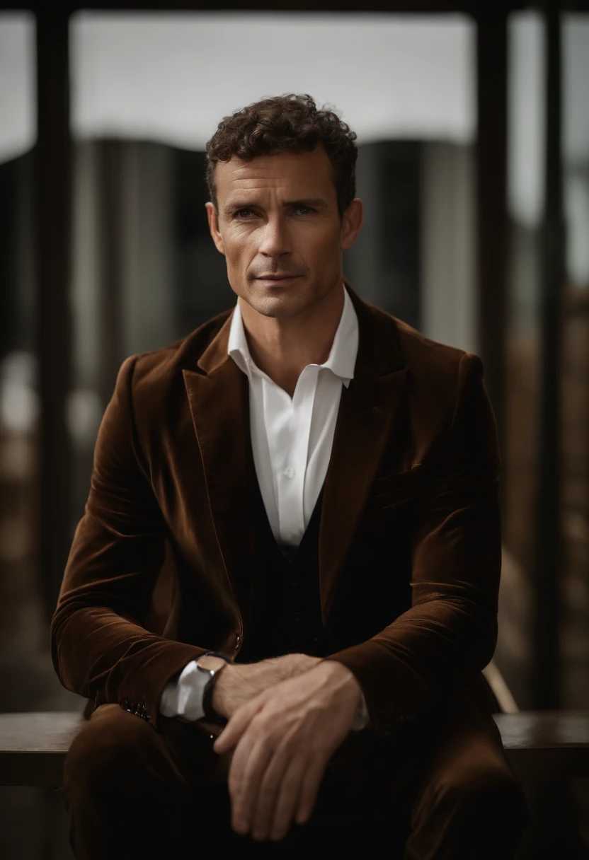 Cinematographic portrait , Un homme Handom, Grand et en forme, (40 ans:1.1), (shaven:1.2), (very short and fine brown hair a little curly:1.5),(very short fine hair:1.6). (Fitted black velvet suit and white shirt :1.3) . minimalist background, Composition propre, Strong details, muted colors, Hasselblad, style brut