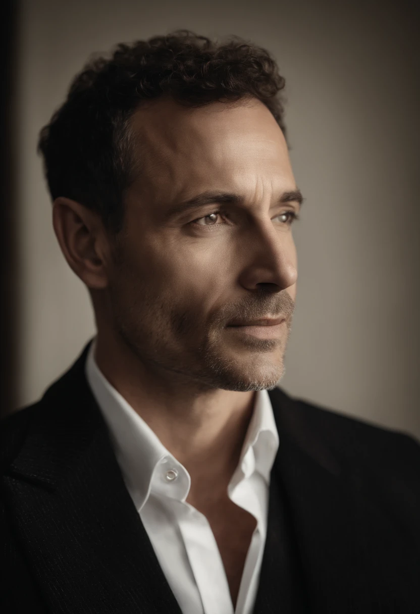 Cinematographic portrait , Un homme Handom, Grand et en forme, (40 ans:1.1), (shaven:1.2), (very short and fine brown hair a little curly:1.5),(very short fine hair:1.6). (Fitted black velvet suit and white shirt :1.3) . minimalist background, Composition propre, Strong details, muted colors, Hasselblad, style brut