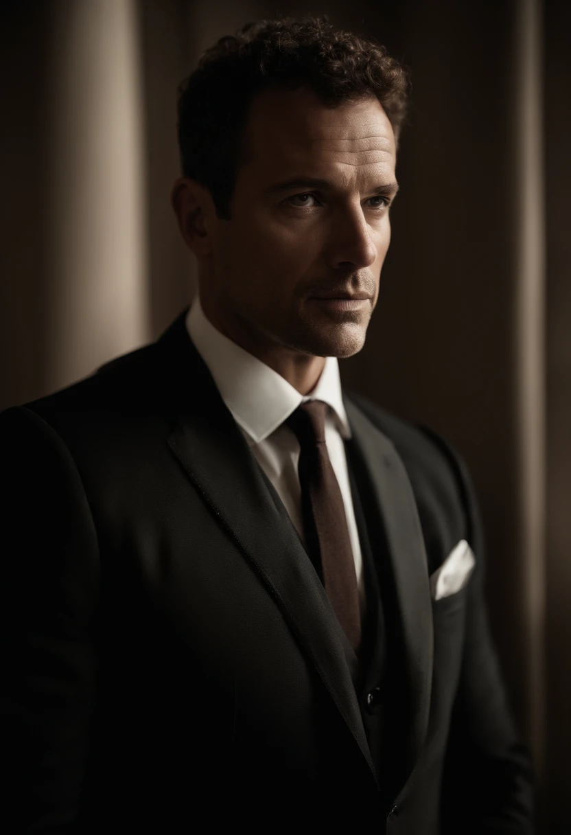 Cinematographic portrait , Un homme Handom, Grand et en forme, (40 ans:1.1), (shaven:1.2), (very short and fine brown hair a little curly:1.5),(very short fine hair:1.6). (Fitted black velvet suit and white shirt :1.3) . minimalist background, Composition propre, Strong details, muted colors, Hasselblad, style brut