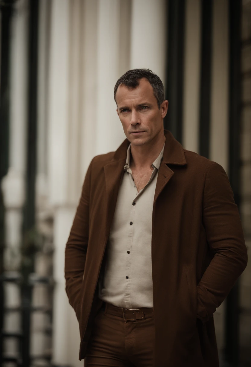 Cinematographic portrait , Un homme Handom, Grand et en forme, (40 ans:1.1), (shaven:1.2), (very short brown hair a little curly:1.5),(very short hair:1.6). costume moulant noir, chemise blanche . minimalist background, Composition propre, Strong details, muted colors, Hasselblad, style brut