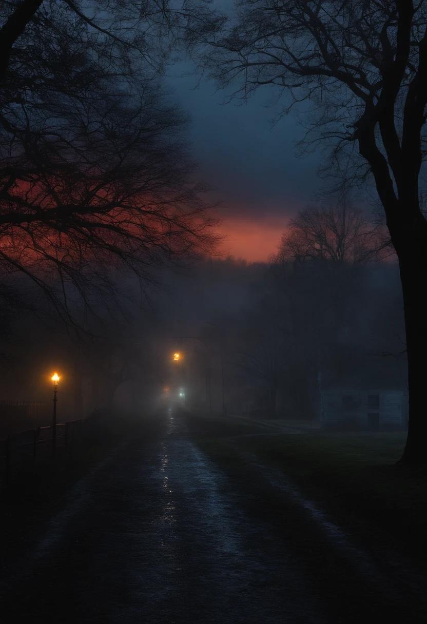 A dark, foreboding night scene with the town of Ravenswood in the distance, shrouded in mist