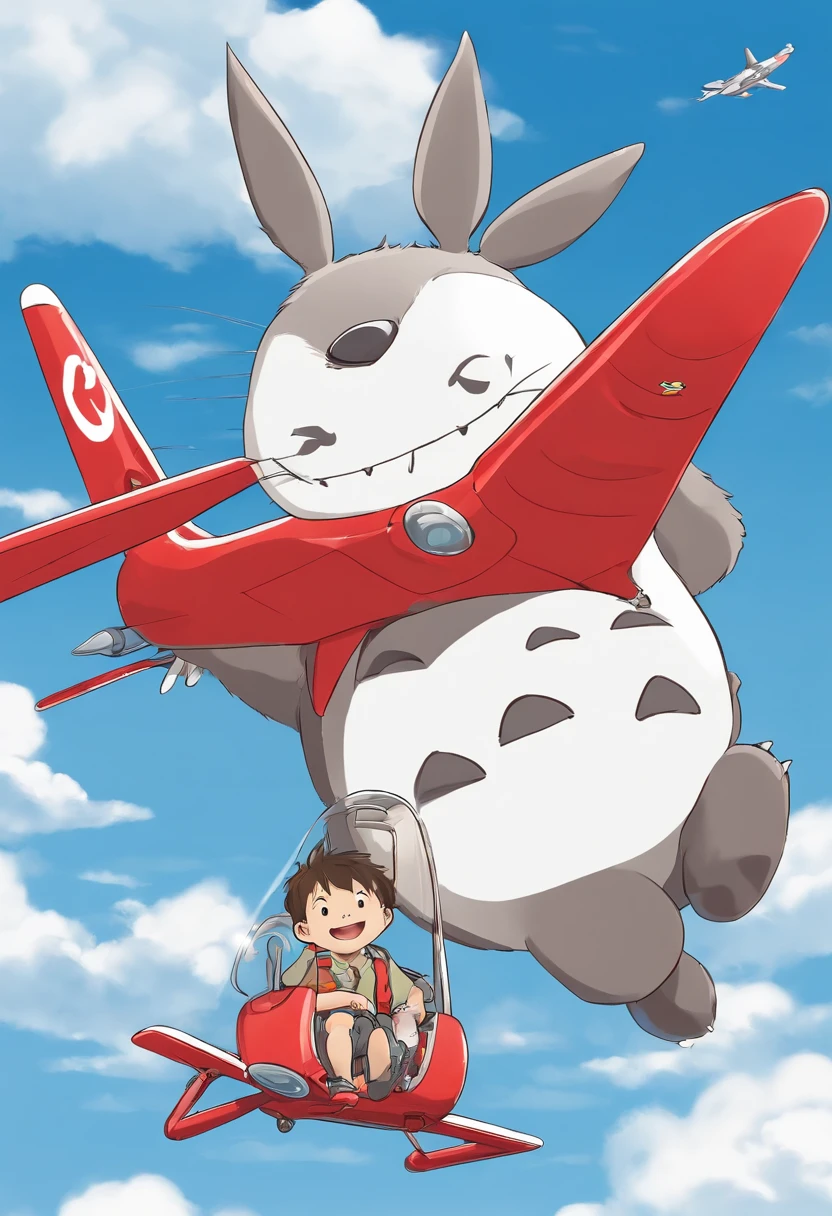 Blue sky and white clouds、Boy on a red plane performing aerial acrobatics。He's full of confidence々Smiling and holding the control stick。Behind the plane、The logo of his squadron is depicted。Its logo is、It is modeled after Totoro's face.。Because he has befriended Totoro、I made a logo to commemorate it.。
