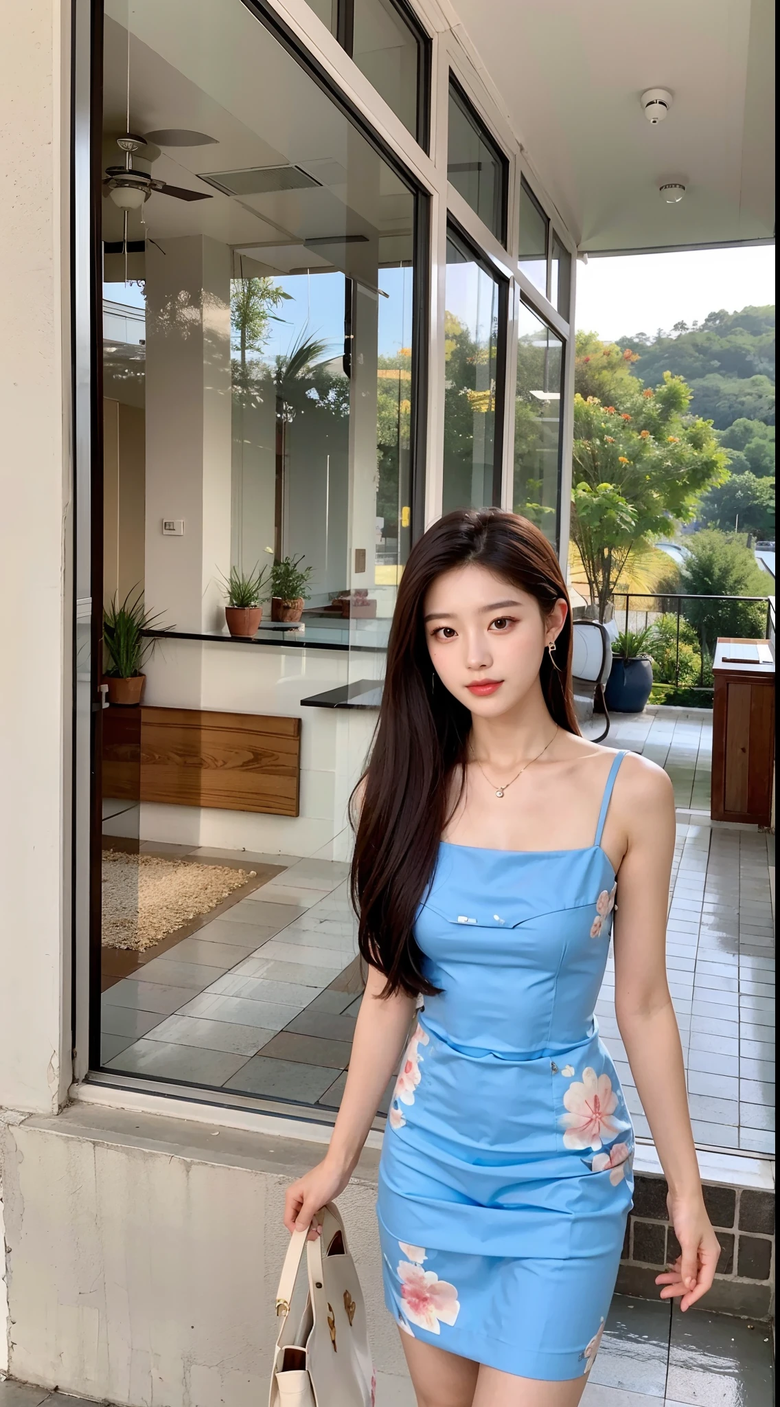 The Alafi woman standing on the balcony holds a white purse,Wearing a white and blue floral dress, bae suzy, Gorgeous young Korean woman, dressed with long fluent clothes, korean women's fashion model, Beautiful young Korean woman, beautiful Korean women, Gorgeous lady, sakimichan, ulzzangs, Open V chest clothes, Shin Jinying, tzuyu from twice