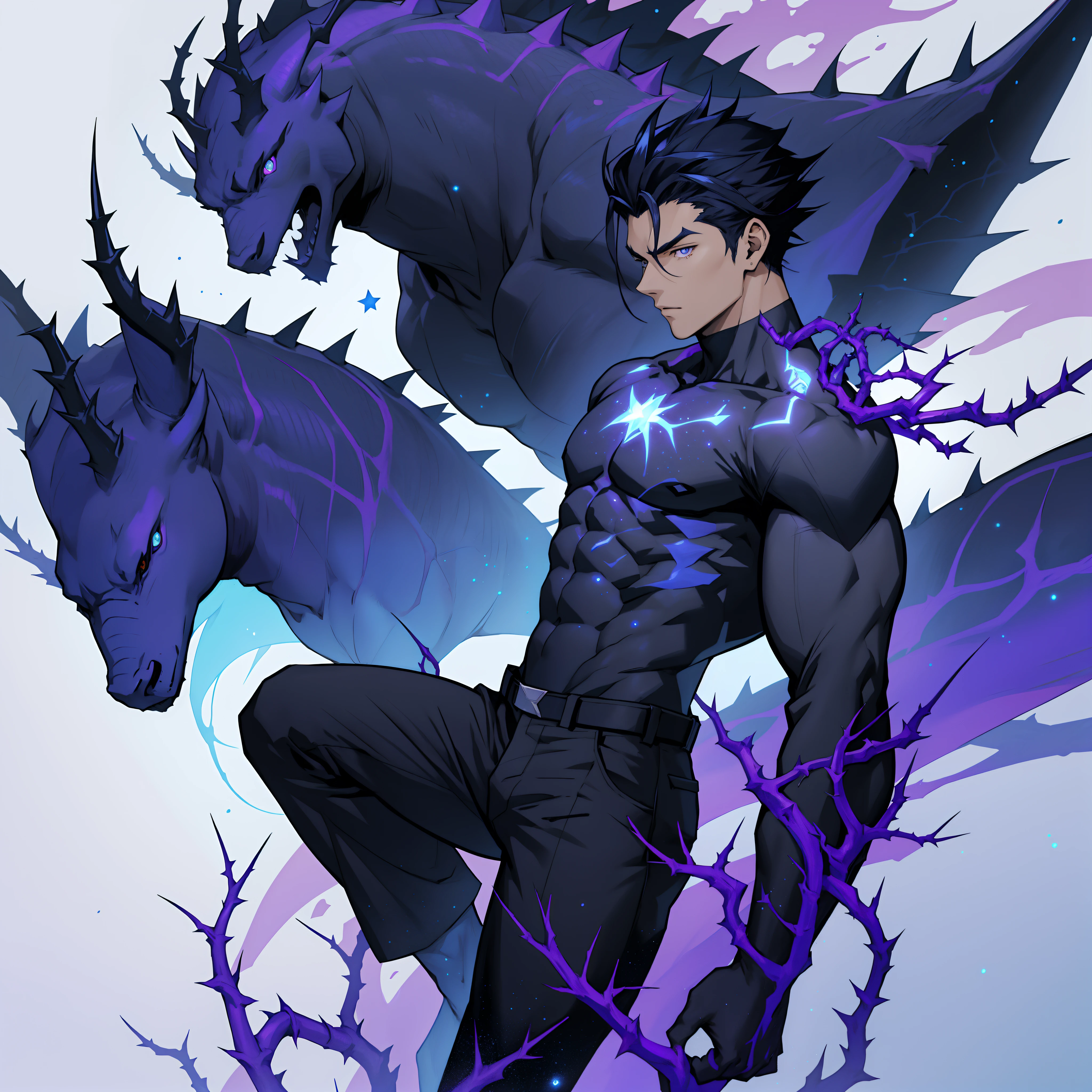 "Drawing of a male character floating in the universe, shirtless, with black pants and giant thorns, like the bright purple godzila thorns on his back, in an anime style. The eyes are dark blue, and the background features many stars and blue lighting."