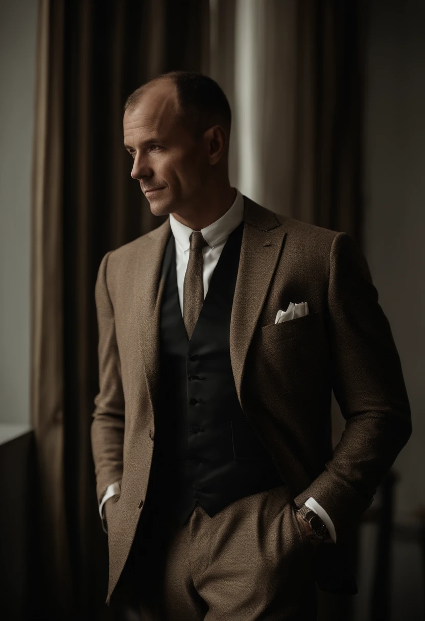 Cinematographic portrait , Un homme Handom, Grand et en forme, (40 ans:1.1), (shaven:1.2), (very short and fine brown hair a little curly:1.5),(very short fine hair:1.6). (Fitted suit in black velvet and white shirt :1.3) . minimalist background, Composition propre, Strong details, muted colors, Hasselblad, style brut