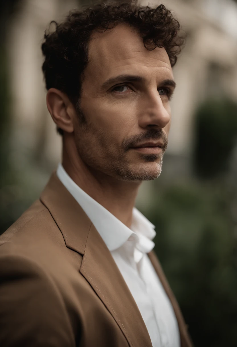 Cinematographic portrait , Un homme Handom, Grand et en forme, (40 ans:1.1), (shaven:1.2), (very short and fine brown hair a little curly:1.5),(very short fine hair:1.6). (Fitted suit in black velvet and white shirt :1.3) . minimalist background, Composition propre, Strong details, muted colors, Hasselblad, style brut
