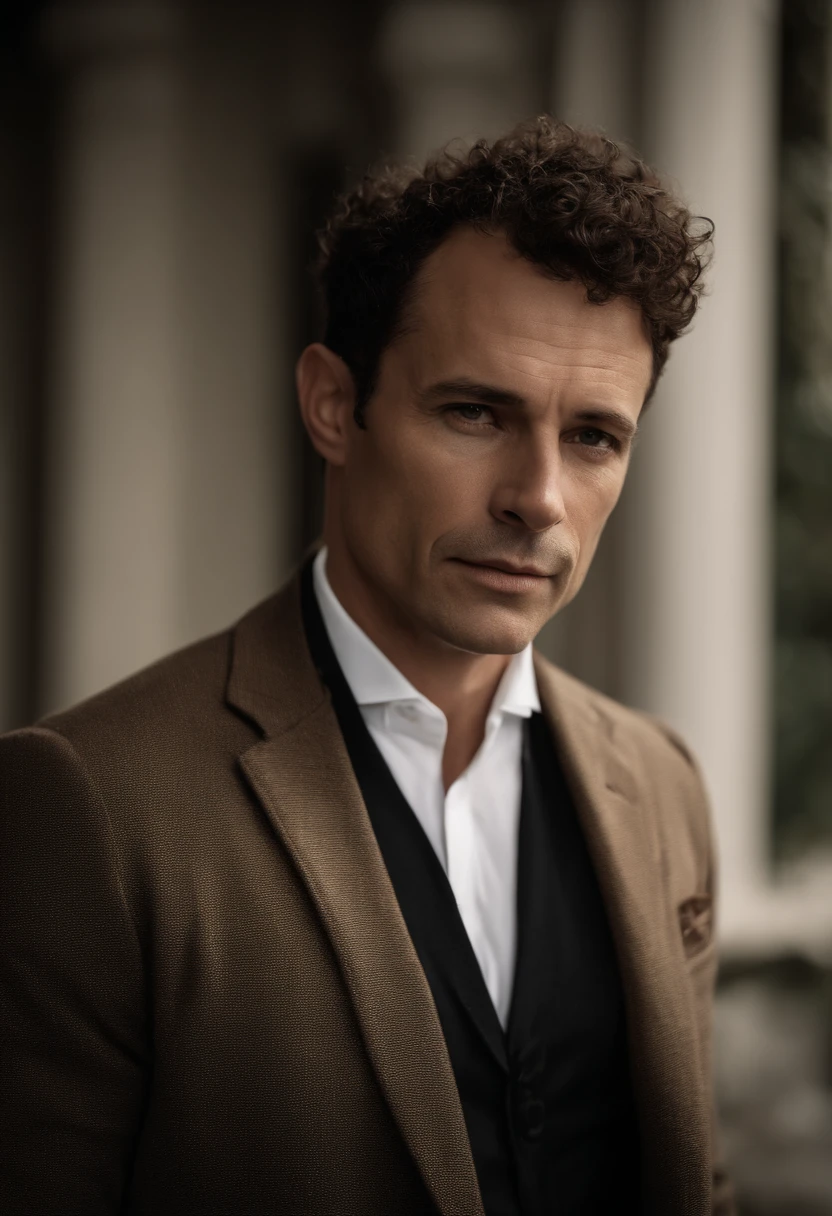 Cinematographic portrait , Un homme Handom, Grand et en forme, (40 ans:1.1), (shaven:1.2), (very short and fine brown hair a little curly:1.5),(very short fine hair:1.6). (Fitted suit in black velvet and white shirt :1.3) . minimalist background, Composition propre, Strong details, muted colors, Hasselblad, style brut